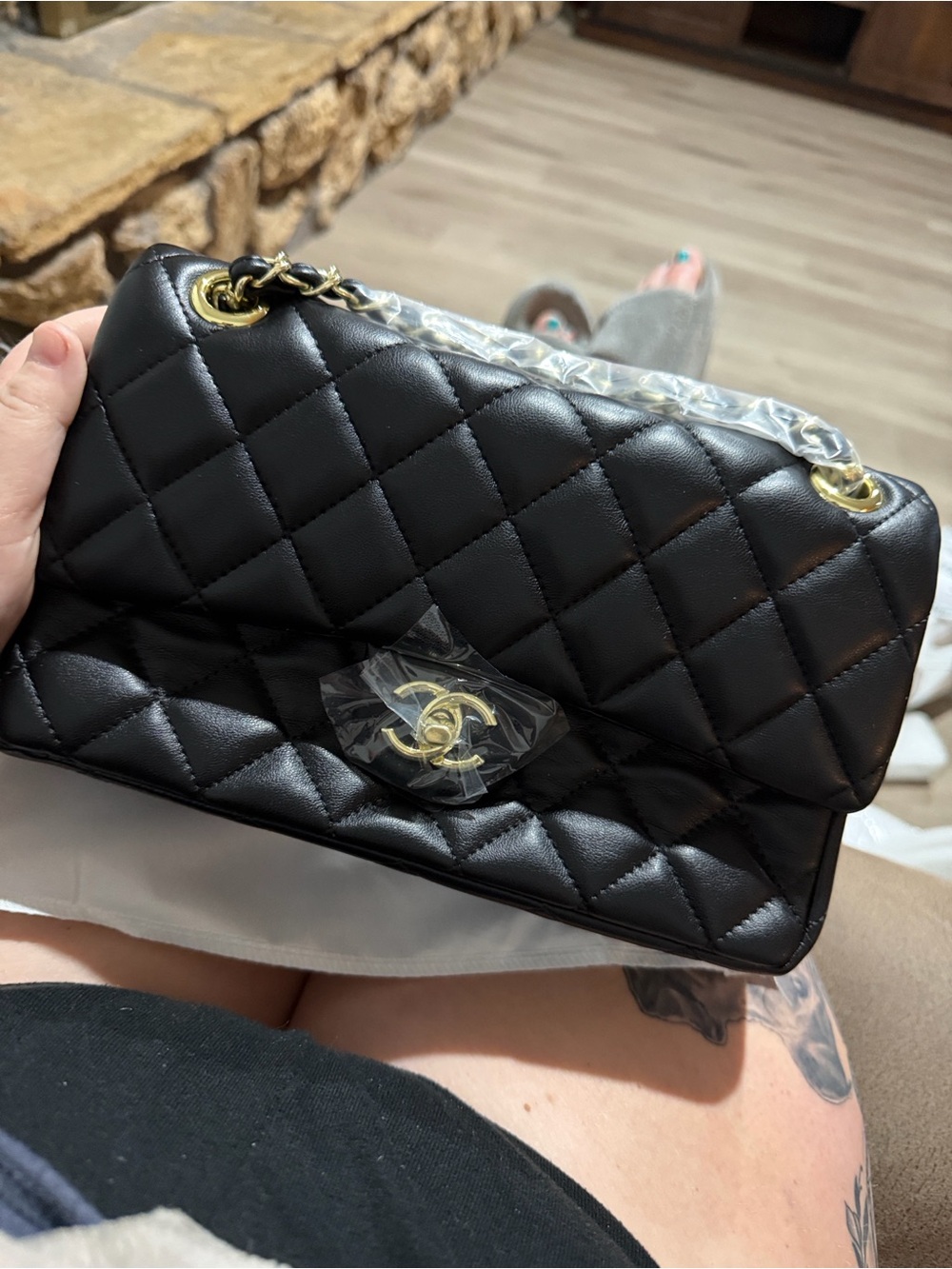 Black Quilted Shoulder Bag with Gold-Tone Chain and Turn-Lock